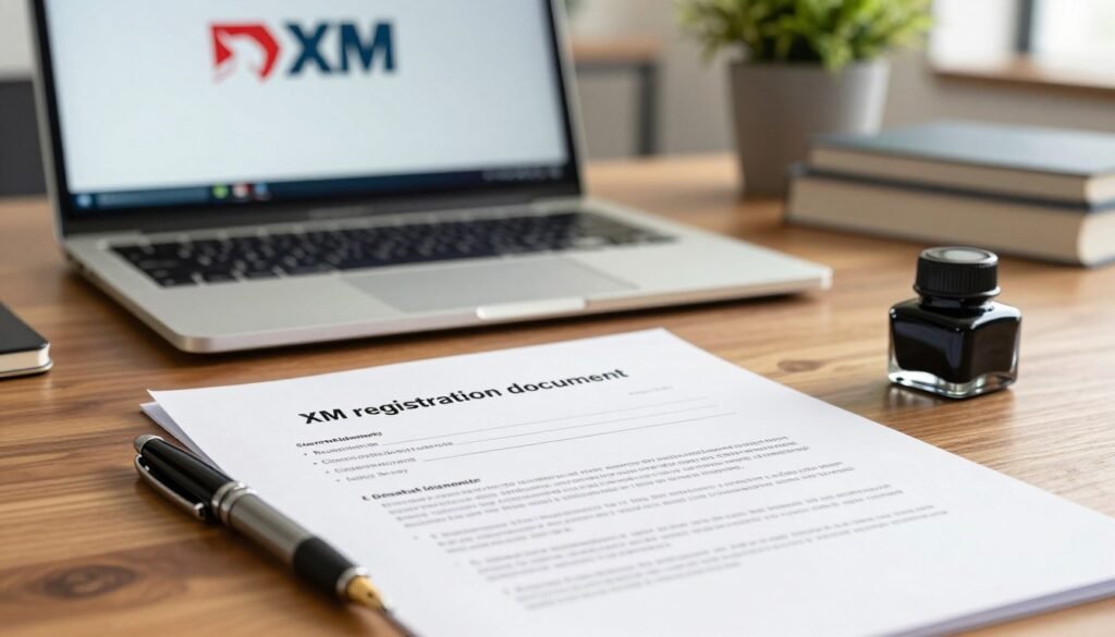 A close-up view of an "XM registration document" lying on a polished wooden desk. The document features clear headers and bullet points, outlining essential requirements for registration in India, enhanced with professional formatting. In the foreground, a fountain pen and an ink bottle are elegantly positioned next to the document, suggesting readiness for signing. The middle ground shows a laptop with a blurred screen displaying the XM logo, hinting at an online registration process. The background includes soft-focus elements of a modern office, such as a plant and a stack of business books, creating a professional atmosphere. Warm, natural lighting enhances the image, conveying a sense of professionalism and clarity, with a slight depth of field to bring focus to the document and writing instruments. A close-up view of an "XM registration document" lying on a polished wooden desk. The document features clear headers and bullet points, outlining essential requirements for registration in India, enhanced with professional formatting. In the foreground, a fountain pen and an ink bottle are elegantly positioned next to the document, suggesting readiness for signing. The middle ground shows a laptop with a blurred screen displaying the XM logo, hinting at an online registration process. The background includes soft-focus elements of a modern office, such as a plant and a stack of business books, creating a professional atmosphere. Warm, natural lighting enhances the image, conveying a sense of professionalism and clarity, with a slight depth of field to bring focus to the document and writing instruments.