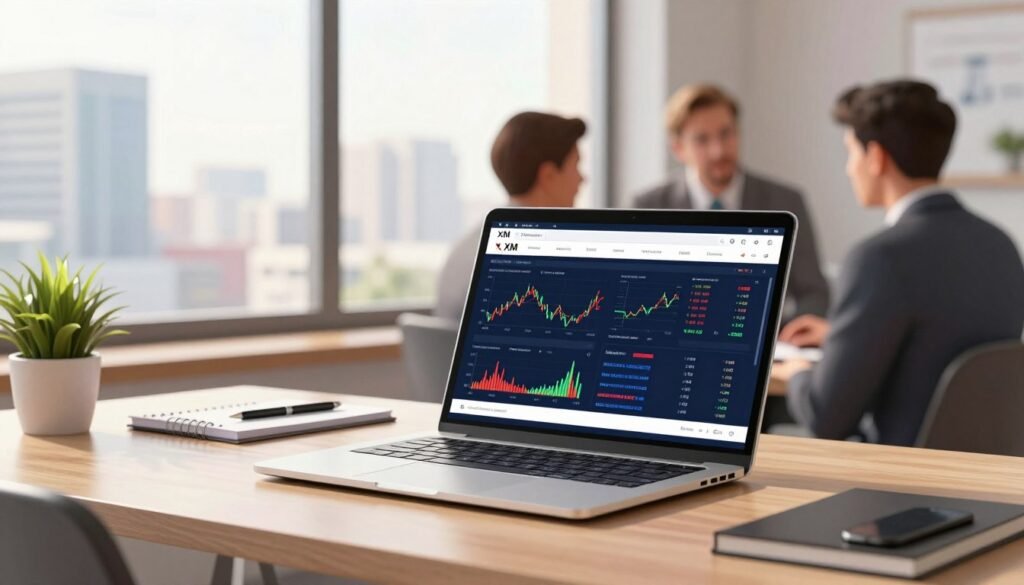 A digital illustration of the XM trading platform interface displayed on a sleek laptop, positioned on a modern workspace desk. The foreground showcases the laptop’s screen, featuring colorful graphs and charts representing forex trading activities, while professional business attire-clad individuals are engaged in discussion nearby. In the middle ground, a notepad and pen subtly hint at planning and strategy, while a small potted plant adds a touch of greenery. The background includes a large window showing a bright cityscape of Dhaka, Bangladesh, emphasizing a connection to the locale. Soft, natural lighting filters through the window, casting a warm glow over the scene, creating an atmosphere of professionalism and reliability, suitable for both novice and experienced traders.