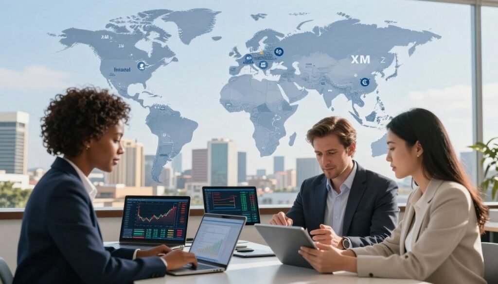 A dynamic global map highlighting XM's presence in South Africa, prominently depicting various cities with trade symbols like currency and stocks. In the foreground, a diverse group of three professionals in business attire—one Black woman, one White man, and one Asian woman—discussing over a digital tablet, showcasing their engagement in trading. The middle ground features various tech devices like laptops and charts reflecting real-time trading data, emphasizing a modern, tech-savvy environment. The background reveals a skyline of Johannesburg with bright, clear skies, bathed in warm, natural light. The overall mood conveys professionalism, opportunity, and the excitement of global trading.