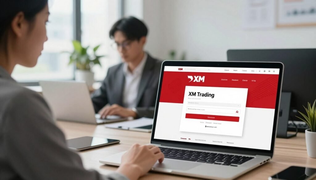 A modern and sleek desktop setup portraying the XM Trading login page on a computer screen. In the foreground, focus on a laptop displaying the XM Trading website, its colors predominantly red and white, showcasing the login interface. The middle layer features a stylish businessperson, male or female, dressed in professional attire, thoughtfully engaging with the computer. The background includes a bright, modern office environment with subtle decor, such as potted plants and cityscape visible through large windows. Soft natural lighting brightens the scene, highlighting the professionalism and focus required for online trading. The atmosphere is one of clarity, concentration, and opportunity, inviting viewers to explore their trading journey. A modern and sleek desktop setup portraying the XM Trading login page on a computer screen. In the foreground, focus on a laptop displaying the XM Trading website, its colors predominantly red and white, showcasing the login interface. The middle layer features a stylish businessperson, male or female, dressed in professional attire, thoughtfully engaging with the computer. The background includes a bright, modern office environment with subtle decor, such as potted plants and cityscape visible through large windows. Soft natural lighting brightens the scene, highlighting the professionalism and focus required for online trading. The atmosphere is one of clarity, concentration, and opportunity, inviting viewers to explore their trading journey.