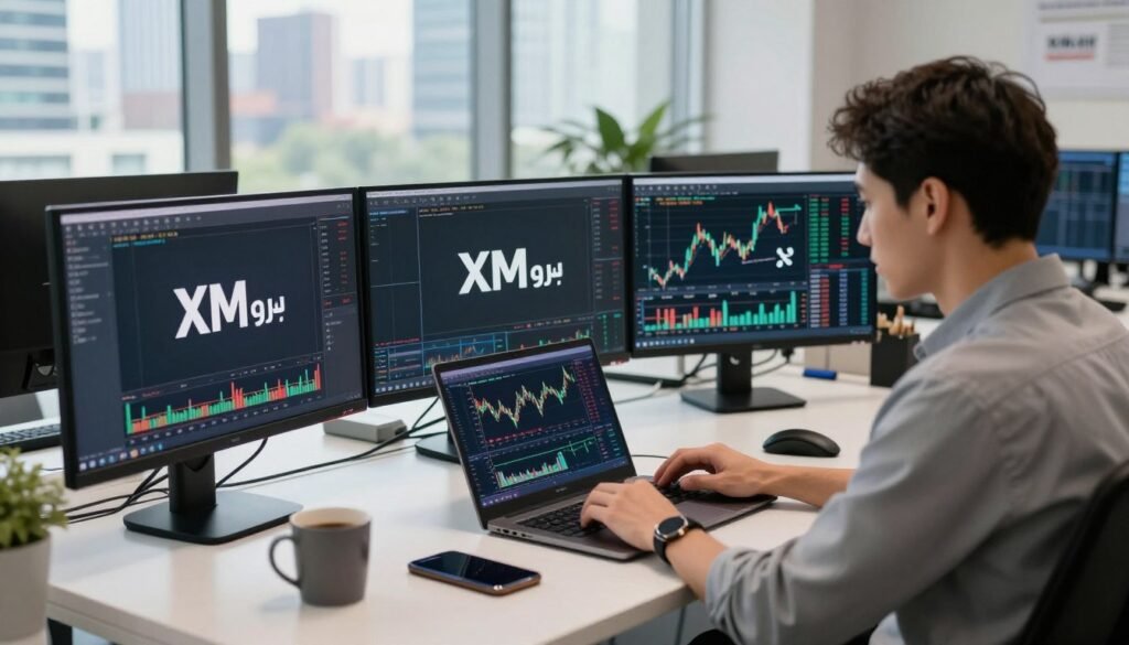 A modern digital trading office environment featuring the logo of "XM بروکر" prominently displayed on computer monitors. In the foreground, a professional trader, wearing business casual attire, is analyzing market trends on a sleek laptop. They are surrounded by charts and graphs that depict financial data, reflecting a focus on trading. The middle includes a stylish desk with trading accessories, such as a smartphone and a coffee mug. In the background, a large window opens up to a vibrant cityscape, symbolizing the global reach of trading. Soft, natural lighting fills the room, creating an atmosphere of focus and professionalism, captured from a slightly angled perspective to emphasize depth and engagement.