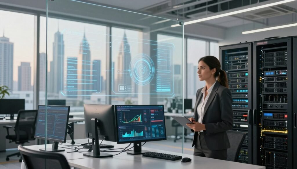 A modern office environment showcasing XM Trading's security measures, focusing on a sleek, high-tech design. In the foreground, a confident professional woman in business attire stands beside a secure data server, attentively monitoring information on an advanced monitor displaying graphs and charts. The middle section includes a large, transparent glass wall with digital security protocols and a visible cybersecurity system interface. The background features a bustling Dubai skyline seen through large windows, with soft, natural daylight pouring in, creating a warm yet professional atmosphere. The overall mood is one of trust, security, and competence, symbolizing the importance of fund protection and regulatory compliance in trading. The image should be shot with a slight wide-angle lens to capture all elements dynamically. A modern office environment showcasing XM Trading's security measures, focusing on a sleek, high-tech design. In the foreground, a confident professional woman in business attire stands beside a secure data server, attentively monitoring information on an advanced monitor displaying graphs and charts. The middle section includes a large, transparent glass wall with digital security protocols and a visible cybersecurity system interface. The background features a bustling Dubai skyline seen through large windows, with soft, natural daylight pouring in, creating a warm yet professional atmosphere. The overall mood is one of trust, security, and competence, symbolizing the importance of fund protection and regulatory compliance in trading. The image should be shot with a slight wide-angle lens to capture all elements dynamically.
