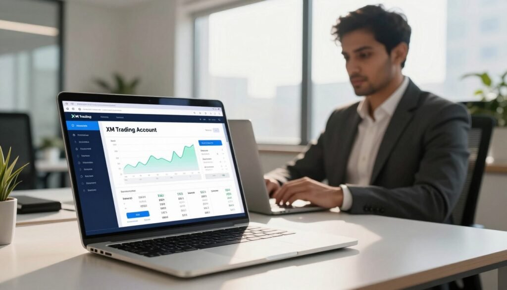 A professional and inviting scene showcasing an "XM Trading Account" with a modern, sleek laptop opened to the XM trading platform interface, situated on a contemporary office desk. In the foreground, the laptop is highlighted, with clear graphics displayed on the screen showing charts and currency pairs. In the middle ground, a confident business professional, dressed in smart business attire, is engaged in reviewing data on the laptop, with a look of focus and determination. The background features an elegant office environment with soft, natural lighting coming from a large window, allowing sunlight to cast warm tones throughout the space. The overall atmosphere is one of confidence, innovation, and professionalism, reflecting the theme of digital trading in Pakistan.