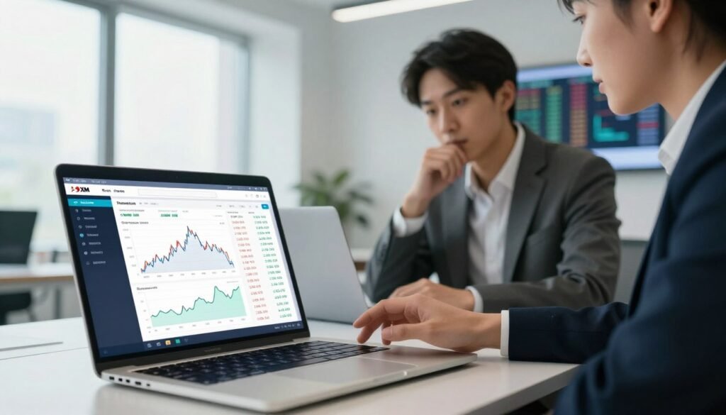 A professional and modern financial trading environment depicting the concept of XM trading costs. In the foreground, show a sleek laptop displaying a sophisticated trading platform interface, with charts and graphs indicating costs and performance metrics. In the middle, include a focused business professional in smart attire, analyzing the data on the laptop with a thoughtful expression. The background features a bright and well-lit office space with large windows, allowing natural light to stream in, filled with subtle hints of financial themes like stock market tickers or forex charts on a wall-mounted screen. The overall mood should be one of concentration and opportunity, with a clean and modern aesthetic emphasizing professionalism in trading.