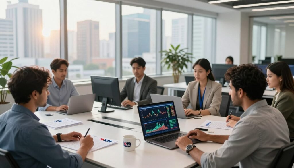 A professional and modern office space that embodies the essence of XM Brokers in India. In the foreground, a diverse group of business professionals, wearing smart casual attire, are engaged in a discussion over digital charts and a laptop displaying financial graphs. The middle layer features a sleek, contemporary desk with XM branding subtly integrated on papers and a stylish mug. The background showcases large windows with a view of a bustling Indian cityscape bathed in soft sunlight, enhancing the atmosphere of opportunity and growth. The lighting is bright and inviting, creating a professional yet approachable mood. The scene is captured from a slight angle to emphasize collaboration and the dynamic nature of the financial market in India. A professional and modern office space that embodies the essence of XM Brokers in India. In the foreground, a diverse group of business professionals, wearing smart casual attire, are engaged in a discussion over digital charts and a laptop displaying financial graphs. The middle layer features a sleek, contemporary desk with XM branding subtly integrated on papers and a stylish mug. The background showcases large windows with a view of a bustling Indian cityscape bathed in soft sunlight, enhancing the atmosphere of opportunity and growth. The lighting is bright and inviting, creating a professional yet approachable mood. The scene is captured from a slight angle to emphasize collaboration and the dynamic nature of the financial market in India.