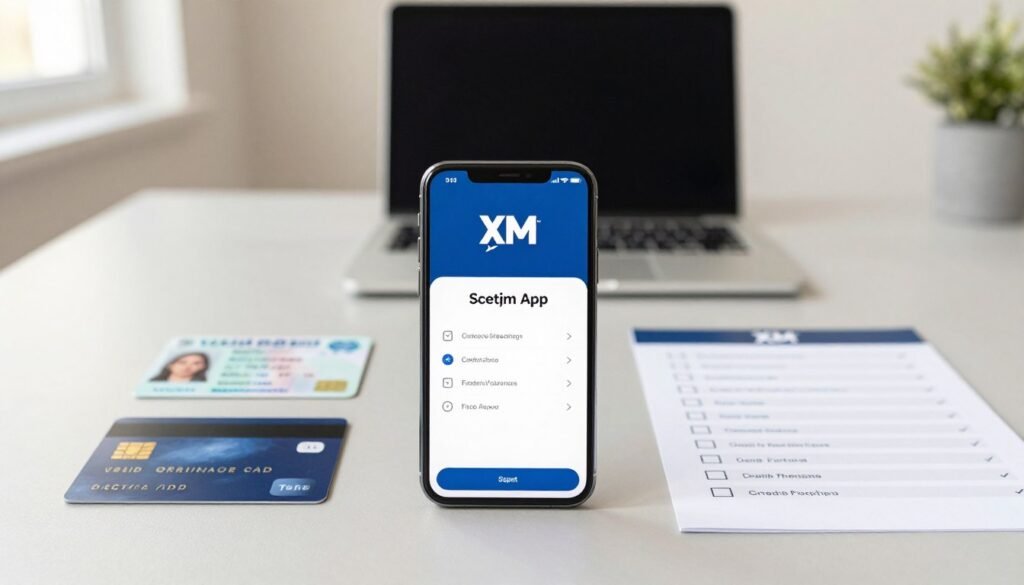 A professional and organized flat lay arrangement showing the requirements for signing up on the XM mobile app. In the foreground, include a smartphone displaying the XM app's signup screen, surrounded by essential items: a valid ID, a credit card, and a checklist. The middle layer features a soft, blurred representation of a workspace with a modern desk and a laptop, enhancing the tech-savvy atmosphere. In the background, a light, neutral-colored wall adds tranquility. Natural lighting filters in from a nearby window, creating soft shadows for depth. The overall mood is focused and professional, appealing to users preparing to engage with the app. Ensure there are no people in the scene to maintain an inclusive tone.