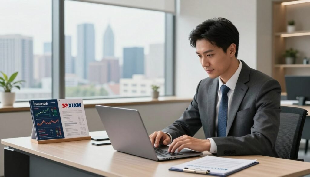A professional and sleek depiction of a financial broker workspace for "โบรกเกอร์ XM". In the foreground, showcase a confident business professional in formal attire, analyzing financial charts on a laptop with focused expression. The middle ground features a stylish, modern desk adorned with a few financial brochures about XM services and an elegant plant to add a touch of warmth. In the background, a large window reveals a panoramic city skyline, symbolizing growth and opportunity. The room is well-lit with natural light streaming in, creating an inviting atmosphere of professionalism. The mood is optimistic and dynamic, emphasizing trust and success in financial trading without text or distractions. A professional and sleek depiction of a financial broker workspace for "โบรกเกอร์ XM". In the foreground, showcase a confident business professional in formal attire, analyzing financial charts on a laptop with focused expression. The middle ground features a stylish, modern desk adorned with a few financial brochures about XM services and an elegant plant to add a touch of warmth. In the background, a large window reveals a panoramic city skyline, symbolizing growth and opportunity. The room is well-lit with natural light streaming in, creating an inviting atmosphere of professionalism. The mood is optimistic and dynamic, emphasizing trust and success in financial trading without text or distractions.