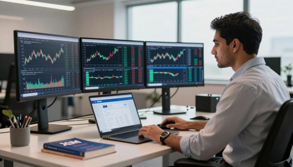 A professional trader sitting at a sleek desk, focused on multiple monitors displaying financial graphs and charts, representing the XM broker platform. The trader, wearing crisp business attire, embodies determination and expertise. In the foreground, a well-organized workspace with trading tools, a laptop showing the XM broker interface, and trading books, all bathed in soft, warm lighting to create an inviting atmosphere. The middle ground highlights the screens filled with dynamic data, emphasizing the functionality of the XM broker. The background features a modern office environment with large windows letting in natural light, adding to the professional ambiance. The overall mood is one of concentration and dedication, suitable for showcasing XM broker's features to Indian traders.