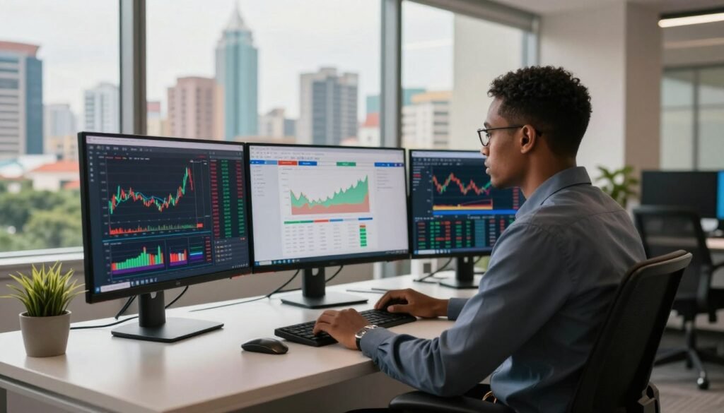 A professional trader sitting at a sleek desk in a modern office environment, focused on multiple screens displaying the XM trading platform interface, with graphs and charts in vibrant colors. The trader wears a smart business attire, exuding confidence and expertise. In the background, large windows reveal a panoramic view of a bustling Nigerian cityscape with skyscrapers and greenery. Soft, natural lighting floods the room, casting warm tones across the scene. The angle captures both the trader and the digital trading tools, highlighting the essence of modern financial trading in Nigeria. The atmosphere is one of determination and professionalism, inviting viewers to connect with the world of online trading. A professional trader sitting at a sleek desk in a modern office environment, focused on multiple screens displaying the XM trading platform interface, with graphs and charts in vibrant colors. The trader wears a smart business attire, exuding confidence and expertise. In the background, large windows reveal a panoramic view of a bustling Nigerian cityscape with skyscrapers and greenery. Soft, natural lighting floods the room, casting warm tones across the scene. The angle captures both the trader and the digital trading tools, highlighting the essence of modern financial trading in Nigeria. The atmosphere is one of determination and professionalism, inviting viewers to connect with the world of online trading.