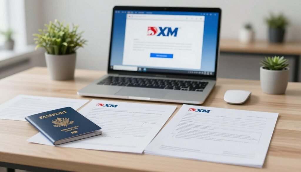 A professional workspace setting showcasing essential documents for account verification with XM. In the foreground, neatly arranged paperwork includes a passport, utility bill, and a bank statement, all displaying clearly marked sections. In the middle, a computer screen with the XM logo visible, indicating an online application. The background features a modern office space with soft, natural lighting illuminating the scene. A potted plant and minimalistic decor add a touch of professionalism. The atmosphere conveys an organized and efficient mood, ideal for potential account holders preparing necessary documentation. Ensure no text or logos are included on the documents themselves, and depict the setting in a standard wide-angle view.