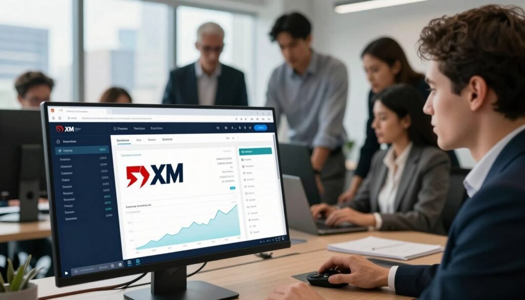 A sleek and modern trading platform interface displayed on a high-resolution computer monitor in a well-lit office environment. The foreground features a close-up of the screen, showcasing real-time trading graphs, currency pairs, and user-friendly navigation elements. In the middle, a professional, diverse team of business people dressed in smart business attire collaborate, analyzing the platform together. In the background, large windows reveal a city skyline, adding depth and context. The atmosphere is dynamic and focused, with soft, natural light illuminating the space to create an inviting yet professional mood. The angle captures both the screen and the team actively engaged in trading, emphasizing the functionality and collaboration of the XM trading platform.