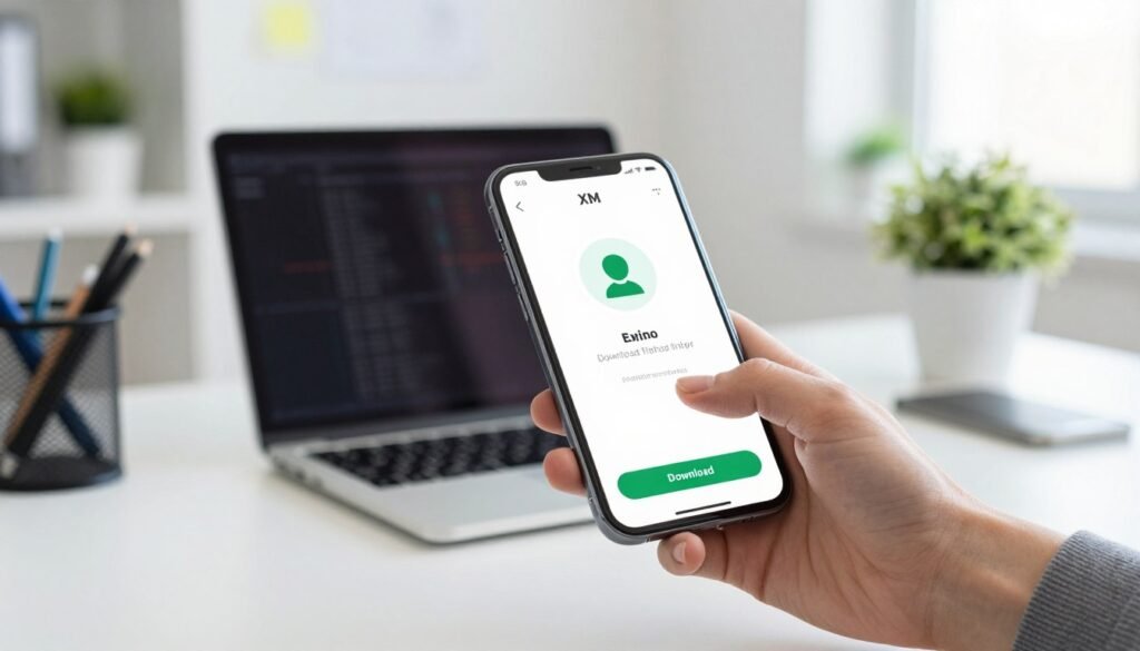 A sleek smartphone displaying the XM mobile app download screen takes center stage in the foreground, with a hand reaching to tap the "Download" button, showcasing a user-friendly interface. In the middle ground, a stylish modern workspace ambiance is highlighted, featuring a clean desk with a laptop and office supplies, conveying professionalism and focus. The background includes a soft blur of a bright office environment with subtle hints of green plants for a calming effect. The lighting is bright and inviting, creating an atmosphere of motivation and productivity. The angle of the shot is slightly elevated, capturing both the phone and workspace effectively, emphasizing the ease of accessing the app. The overall mood should feel encouraging and contemporary, perfect for appealing to potential users looking to enhance their trading experience.