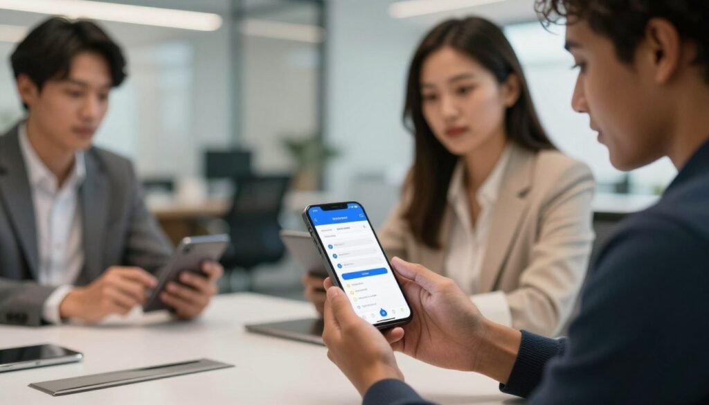 A sleek smartphone displays a mobile application interface for personal information registration, set against a softly blurred office background. In the foreground, a diverse group of three individuals, two women and one man, are shown seated at a modern conference table, all wearing professional business attire. Their focused expressions reflect engagement as they interact with the app on their devices. The lighting is warm and inviting, creating a collaborative atmosphere. The shot is taken from a slightly elevated angle, capturing the vibrant colors of the app interface, which features form fields and icons. The overall mood conveys professionalism and accessibility in the digital onboarding process.