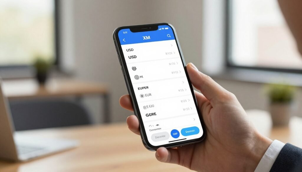 A smartphone displaying the XM trading app's currency selection screen, prominently featuring various currency options like USD, EUR, and GBP. The foreground includes a hand reaching toward the screen, showcasing a well-manicured hand in professional attire, symbolizing a user engaged in the app. The middle ground highlights the sleek app interface, designed with a modern, user-friendly aesthetic. The background softly blurs a cozy office setting, with a warm, inviting atmosphere enhanced by natural light coming from a window. The overall mood is focused and professional, conveying the idea of seamless mobile trading. The image composition should be well-lit, showcasing clarity and detail in the app interface, ensuring a polished look that aligns with modern financial technology.