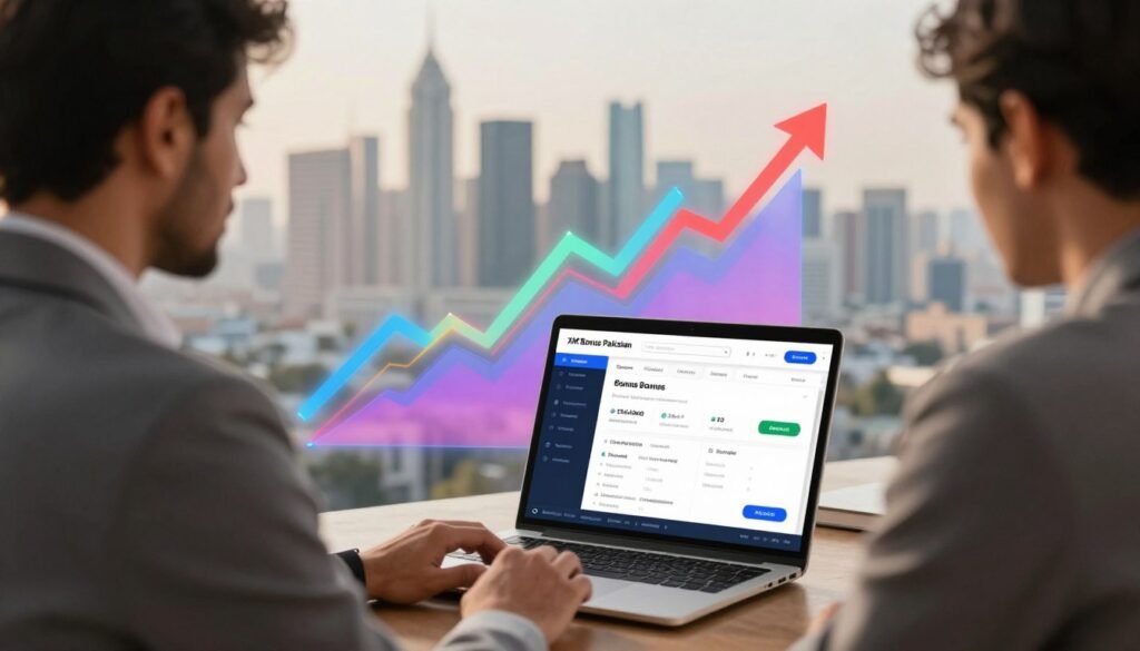 A visually captivating representation of "XM Bonus Pakistan." In the foreground, a professional-looking individual in business attire is examining a laptop, showcasing an online trading platform interface illustrating various bonuses. The middle ground features a vibrant, dynamic graphic of financial charts and increasing arrows, symbolizing growth and opportunity. The background includes a blurred skyline of a modern city in Pakistan, suggesting an atmosphere of prosperity and innovation. Utilize soft, warm lighting to evoke a sense of optimism and professionalism. The scene should convey a feeling of excitement and potential in the financial sector, with a focus on the concept of bonuses influencing trade decisions. No text or additional elements should detract from the image's main subjects and theme.