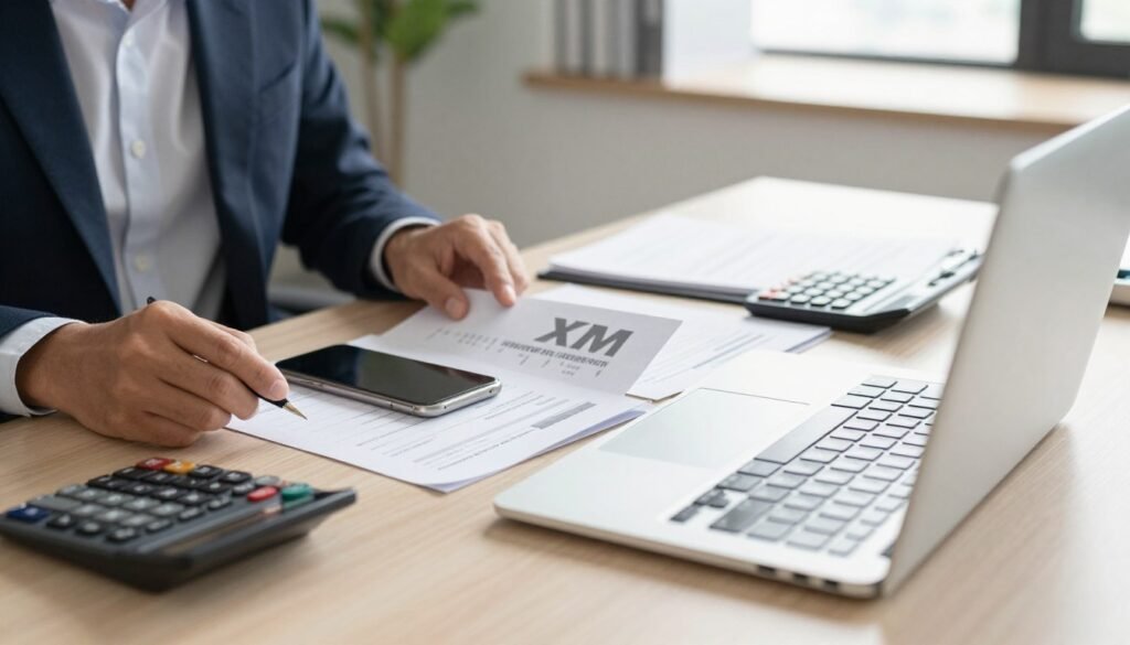 A visually engaging depiction of the prerequisites for opening an XM account in Bangladesh. In the foreground, a professional-looking person dressed in business attire sits at a modern desk with a laptop open, reviewing relevant documents. In the middle layer, an assortment of essential items such as a smartphone, form documents, and a calculator is neatly arranged, symbolizing the required tools for account setup. The background features a soft-focus view of an office with natural light streaming in, creating an atmosphere of clarity and professionalism. The overall mood is informative and inviting, highlighting a streamlined process, with neutral color tones emphasizing a sense of trust and reliability.
