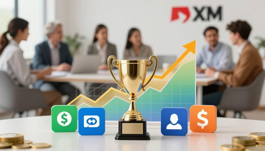 A visually engaging representation of various bonus types offered by XM in India. In the foreground, display a detailed, elegant gold and silver trophy symbolizing rewards, surrounded by colorful icons of financial bonuses, such as cashback, no-deposit, and welcome offers. In the middle ground, incorporate a vibrant chart with ascending lines and graphs indicating growth and opportunity, set against a clean, modern office environment with sophisticated furniture. The background features soft-focus images of diverse professionals in business attire casually discussing financial strategies, enhancing a collaborative mood. Utilize warm, inviting lighting to create an optimistic atmosphere, with a slight bokeh effect to emphasize the bonus symbols and financial growth themes.