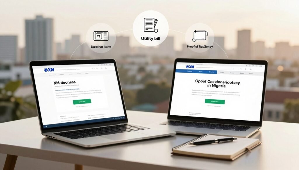 A well-organized workspace showcasing the requirements for opening an XM account in Nigeria. In the foreground, a sleek modern desk with an open laptop displaying the XM website. A notepad and pen are neatly placed beside the laptop, suggesting an ongoing process of documentation. In the middle ground, an infographic illustrated with icons representing essential documents like ID, utility bill, and proof of residency, arranged artistically around the laptop. The background features a soft-focus Nigerian cityscape, blending into the scene with warm, natural lighting that creates an inviting atmosphere. The overall mood is professional yet approachable, encouraging potential users to visualize the steps needed to start their trading journey. A well-organized workspace showcasing the requirements for opening an XM account in Nigeria. In the foreground, a sleek modern desk with an open laptop displaying the XM website. A notepad and pen are neatly placed beside the laptop, suggesting an ongoing process of documentation. In the middle ground, an infographic illustrated with icons representing essential documents like ID, utility bill, and proof of residency, arranged artistically around the laptop. The background features a soft-focus Nigerian cityscape, blending into the scene with warm, natural lighting that creates an inviting atmosphere. The overall mood is professional yet approachable, encouraging potential users to visualize the steps needed to start their trading journey.