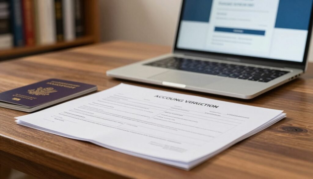 A close-up view of account verification documents displayed on an elegant wooden desk. In the foreground, a neatly organized stack of paperwork includes a detailed application form, proof of identity like a passport, and a utility bill, all with clear lines and crisp text. In the middle ground, a laptop rests beside the documents, its screen showing a login page for a trading platform. Soft, warm lighting illuminates the scene, creating a professional ambiance. The background features a blurred bookshelf filled with financial books, contributing to a focused and organized atmosphere. The image embodies clarity, professionalism, and the essential nature of verifying documents in the trading process.