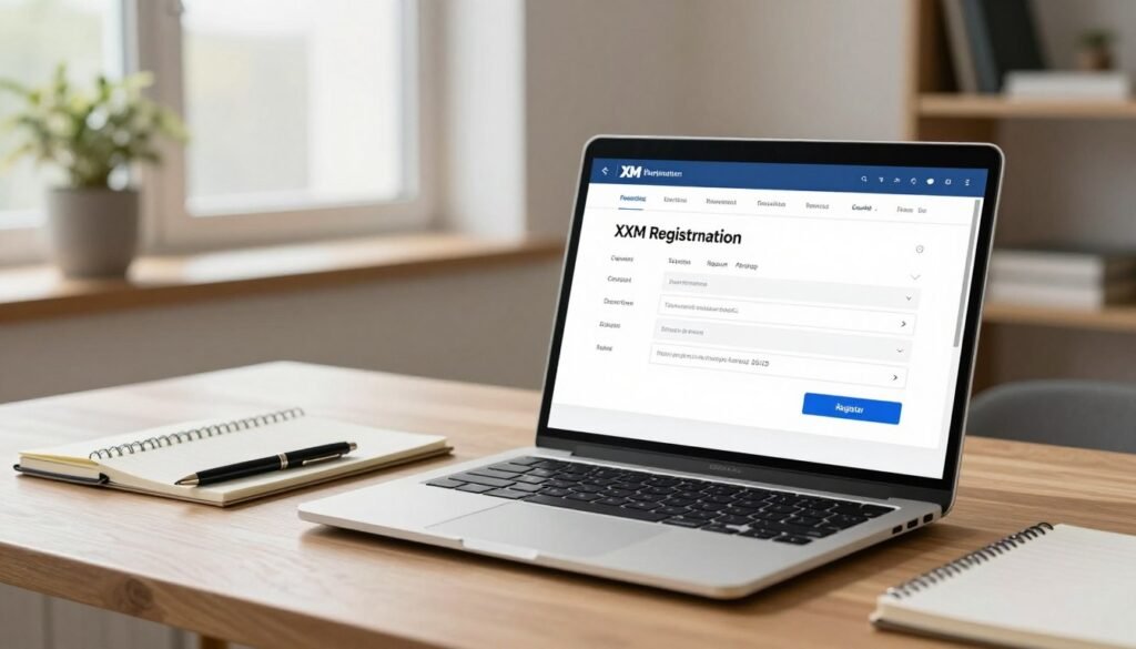 A detailed XM registration page displayed on a sleek laptop on a modern wooden desk. In the foreground, the laptop screen showcases a visually appealing registration form with input fields for personal information, a drop-down menu for selecting account type, and a prominent 'Register' button. A stylish pen and notepad are nearby, hinting at the process of jotting down ideas. In the middle ground, soft natural light filters in through a window, casting gentle shadows and creating a calm atmosphere. The background features a minimalist office setup with a potted plant and a bookshelf, contributing to a professional environment. The overall mood is focused and inviting, emphasizing the simplicity and accessibility of opening an XM trading account.
