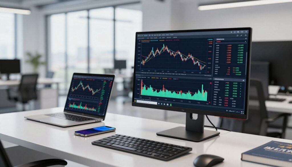 A modern trading workstation featuring the XM Trading Platform displayed prominently on a sleek desktop monitor. In the foreground, focus on the monitor filled with dynamic charts, graphs, and trading indicators, symbolizing real-time market analysis. The middle ground includes a stylish desk setup with a laptop, a smartphone, and financial analysis books, all arranged in a clean, organized manner. In the background, a spacious office with large windows allows natural light to flood the area, creating a bright and professional ambiance. The atmosphere is energetic and focused, embodying the excitement of trading. Soft reflections on the desk surface add a touch of sophistication. Overall, the composition conveys professionalism and modernity, suitable for both new and experienced traders.