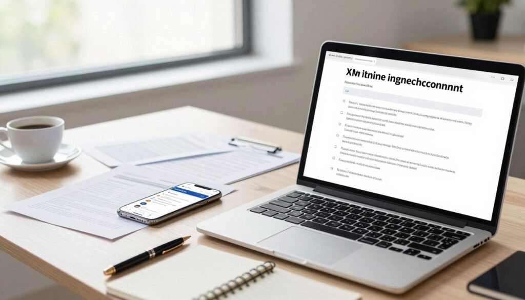 A professional workspace scene illustrating the prerequisites for opening an XM trading account. In the foreground, a laptop displays a detailed checklist of requirements such as identity verification, proof of address, and financial information, alongside a stylish pen and notepad. The middle layer shows a well-organized desk with financial documents neatly arranged, a smartphone with a trading app open, and a cup of coffee. The background features a bright, modern office setting with a large window letting in soft natural light, creating an inviting atmosphere. The scene conveys professionalism and readiness, emphasizing the importance of preparation in trading. The image should be in focus, taken from a slight angle to showcase depth and dimension.